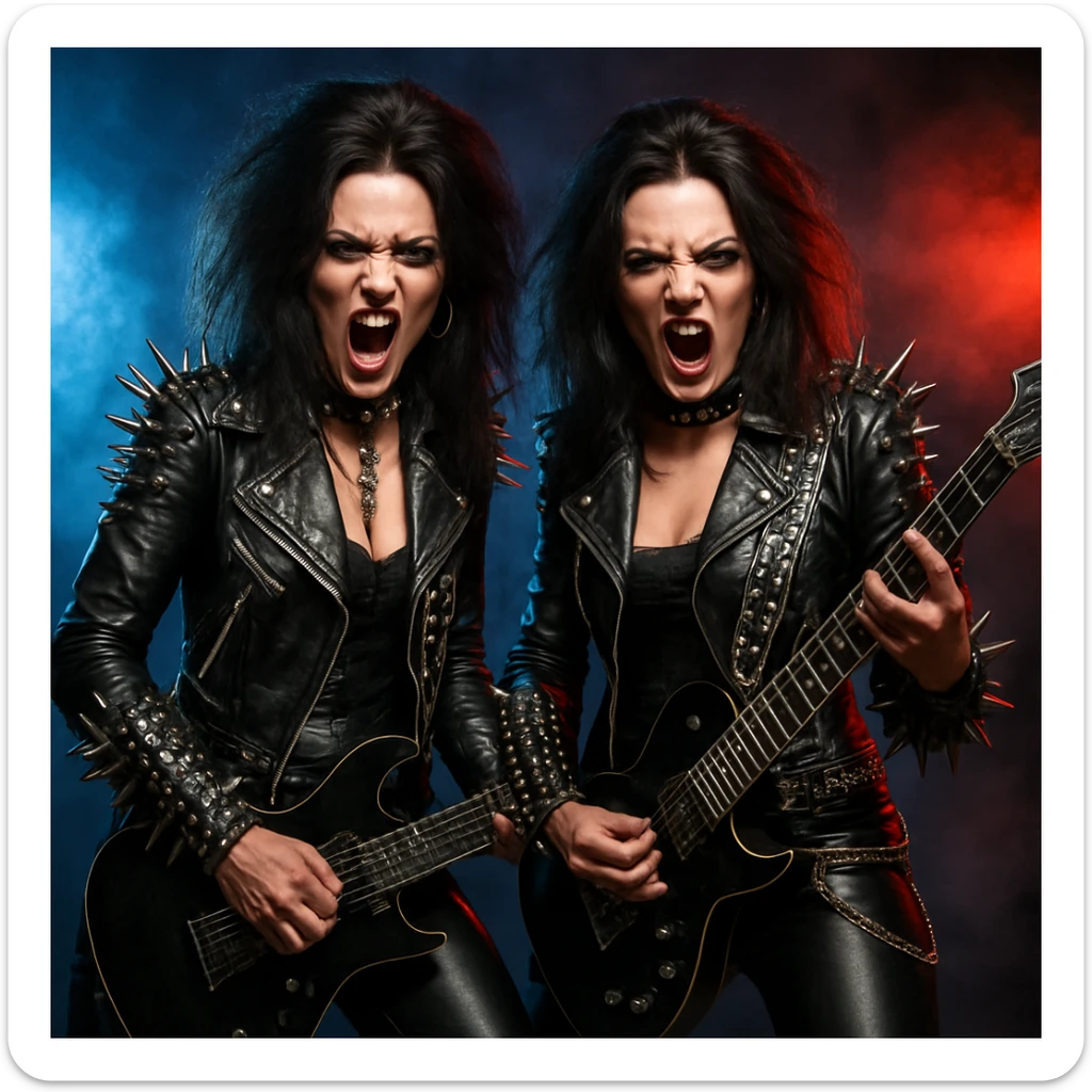 Gemini twins as heavy metal rockers, bold and edgy, metallic details, dramatic lighting sticker
