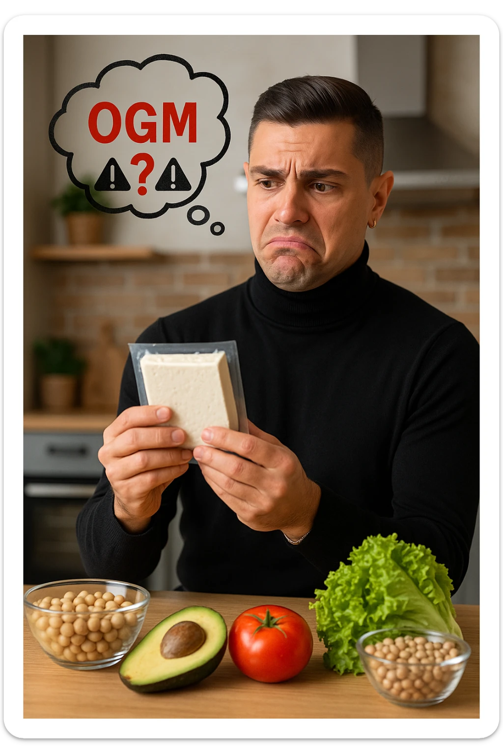 un uomo in cucina tiene in mano una confezione di soia o tofu, osservandola con un’espressione scettica e preoccupata. Sopra la confezione, una nuvoletta di pensiero mostra la scritta “OGM” evidenziata in rosso, accompagnata da un simbolo di allarme o un punto interrogativo. Sullo sfondo, altri alimenti naturali sono visibili sul tavolo, sottolineando la sua preferenza per prodotti non OGM. sticker
