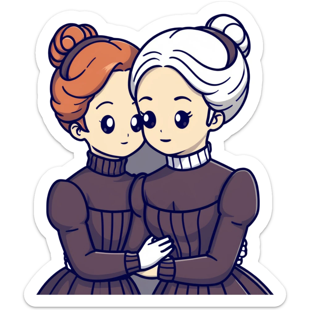 Two Victorian women in a sad intimate hug, one with white coiffed hair and one with copper coiffed hair, both with grey eyes, wearing Victorian turtleneck dresses sticker