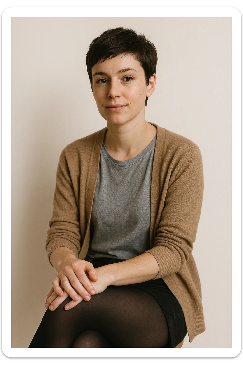 realistic style woman with short hair, wearing black stockings, casual outfit, relaxed natural expression, light background sticker