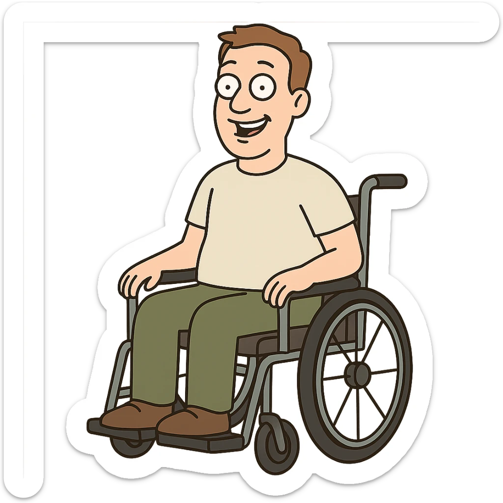 smiling man in a wheelchair, flat design style sticker