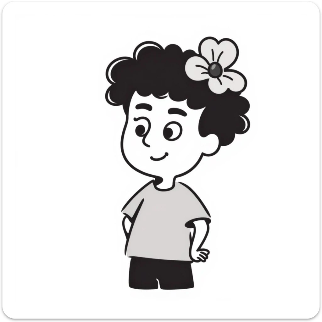 a boy with fluffy, wavy short hair and brown eyes, wearing a light grey t-shirt and a light pink flower on his head, doodle style sticker