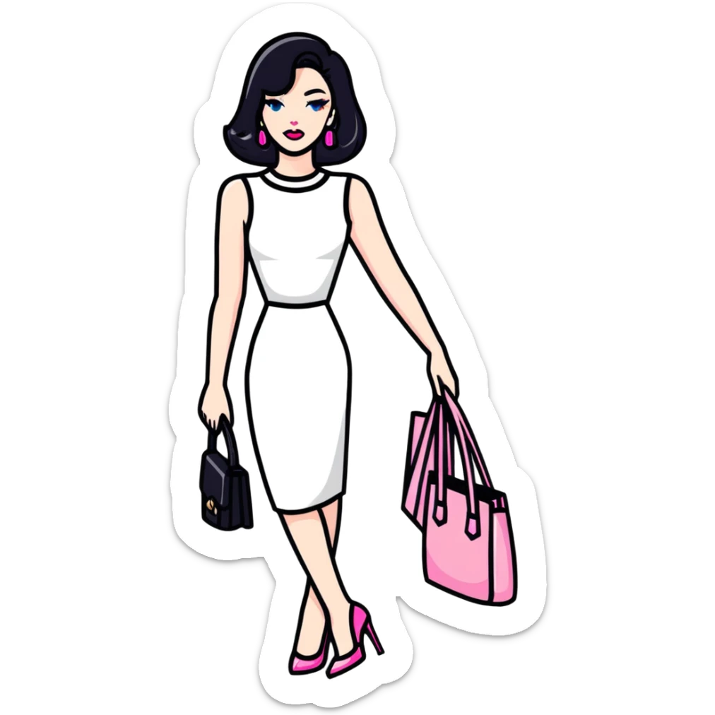 Girly fashion items like pink lipstick, high heels, and handbag sticker