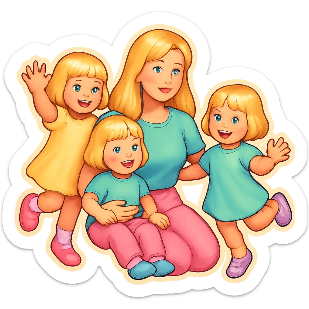 mom with long light hair and two twin girls with short light hair, all in pastel clothes, retro stickers style, soft highlights, photo inspired, different poses sticker