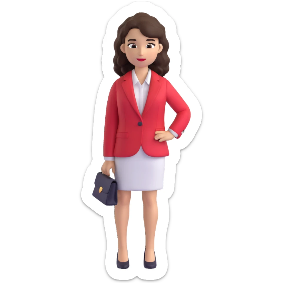 brunette woman with wavy hair, wearing a white dress shirt and red blazer sticker