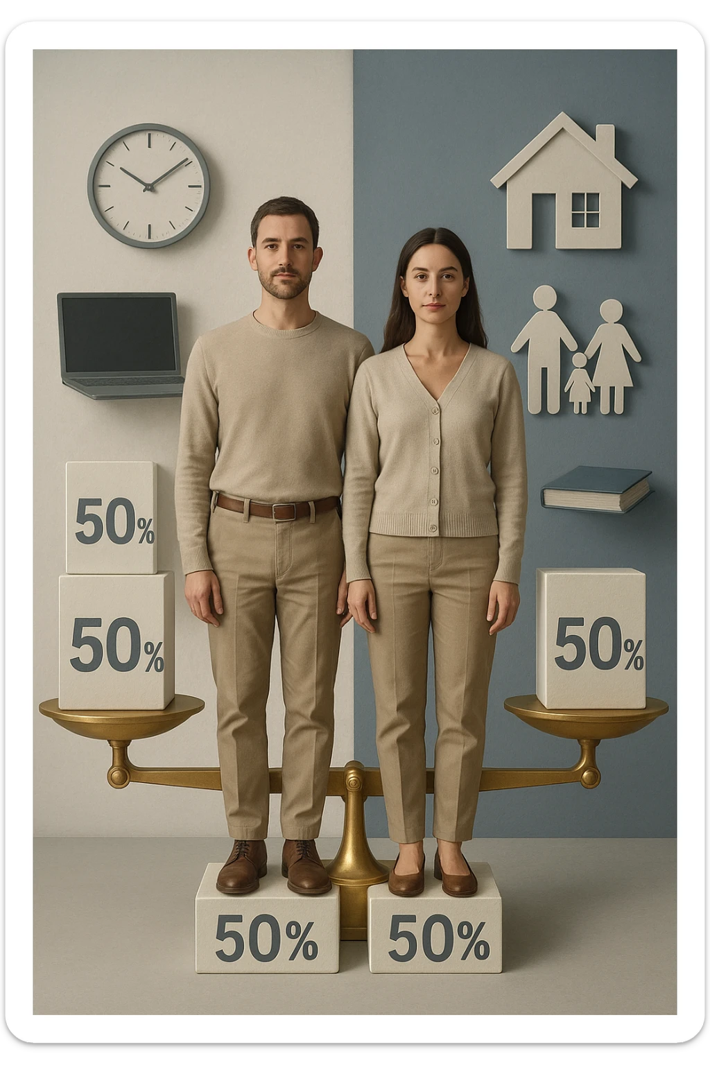 Uomo e donna in piedi l’uno accanto all’altra, al centro di una bilancia perfettamente in equilibrio. Entrambi vestiti in modo simile (moderno e neutro), con espressioni serene e rispettose. Sotto i loro piedi, due blocchi con scritto '50%' ciascuno. Sullo sfondo, elementi divisi simmetricamente: lavoro, famiglia, tempo libero, rappresentati equamente da entrambi. Atmosfera armoniosa, illuminazione equilibrata, colori neutri e simbolici (bianco, grigio, blu e oro). Stile realistico con accento simbolico sul concetto di equità in italiano sticker