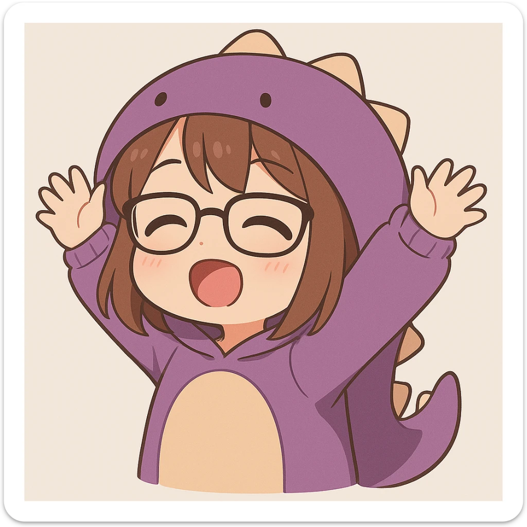 Chibi anime style gamer girl with glasses, brown hair, dark purple eyes, wearing a purple dinosaur costume, new pose with arms up in excitement, making a sleepy expression, no controller, no background, same style as reference. sticker