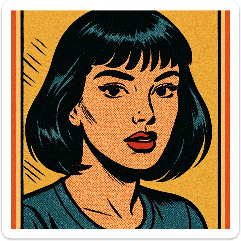 portrait of a girl with black shoulder-length hair, bangs, black almond-shaped eyes, full lips, and straight nose, old school comic book style sticker