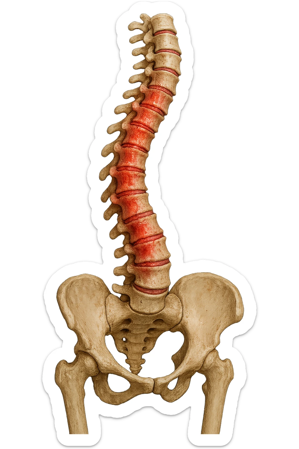SPINA DORSALE STORTA E INFIAMMATA CON BACINO UMANO ANATOMICO REALISTICO INCLINATO, iperrealistica 4k sticker