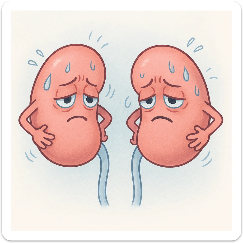 cartoon kidneys with stress lines and sweat, holding their sides, tired eyes, soft blue and pink tones, medical style sticker