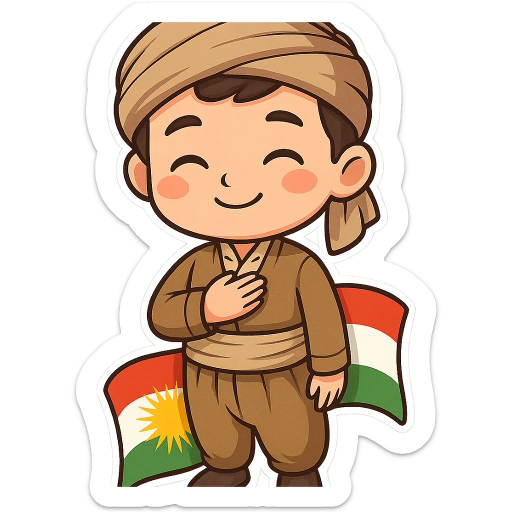 cartoon sticker of a Kurdish boy in traditional clothing, hand on chest (salute) pose, gentle smile, colorful and cheerful, no text, suitable for WhatsApp and Instagram sticker