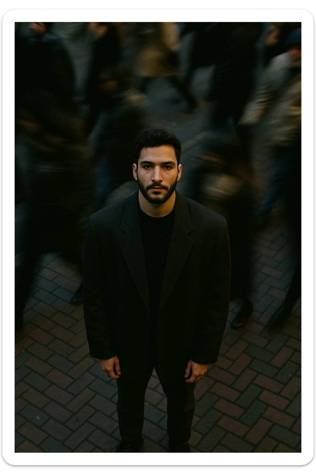 overhead shot of me standing still on a brick city sidewalk, wearing a dark oversized blazer,
motion-blurred crowd rushes past around me. Moody lighting, 35mm film look, shallow depth of field, sharp focus on me. sticker