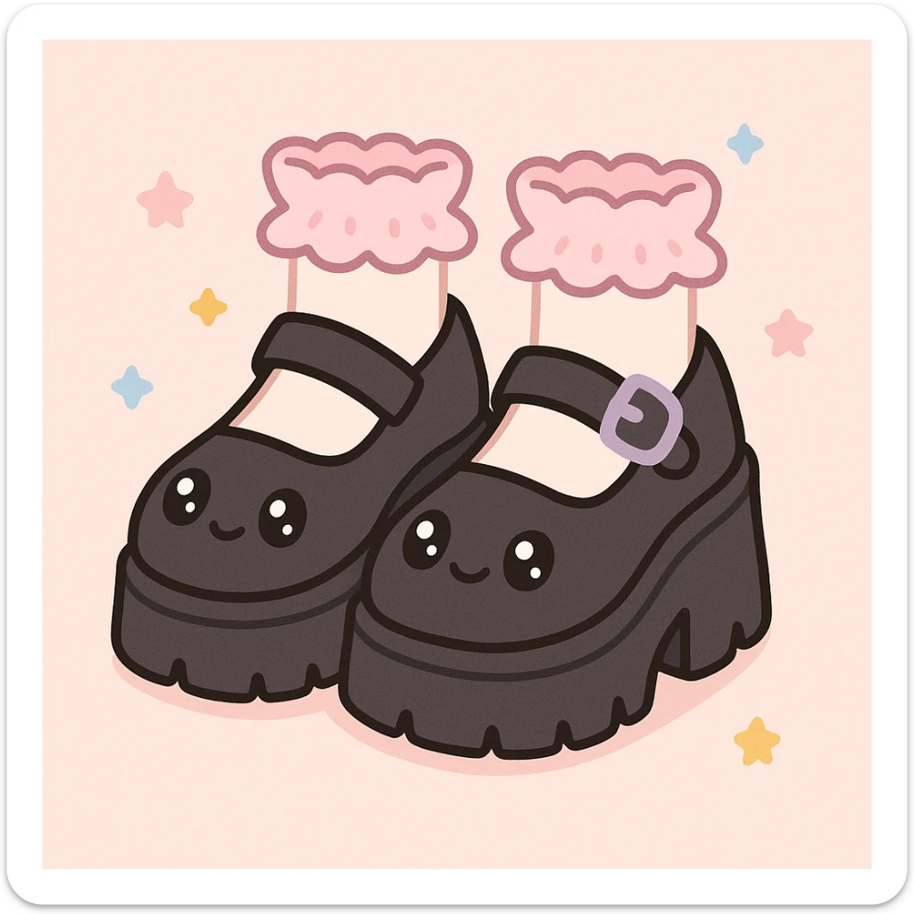 Add cute frilly pastel socks to the BLACKPINK-inspired gothic shoes with pastel lavender accents, keep them kawaii style, no hearts. sticker