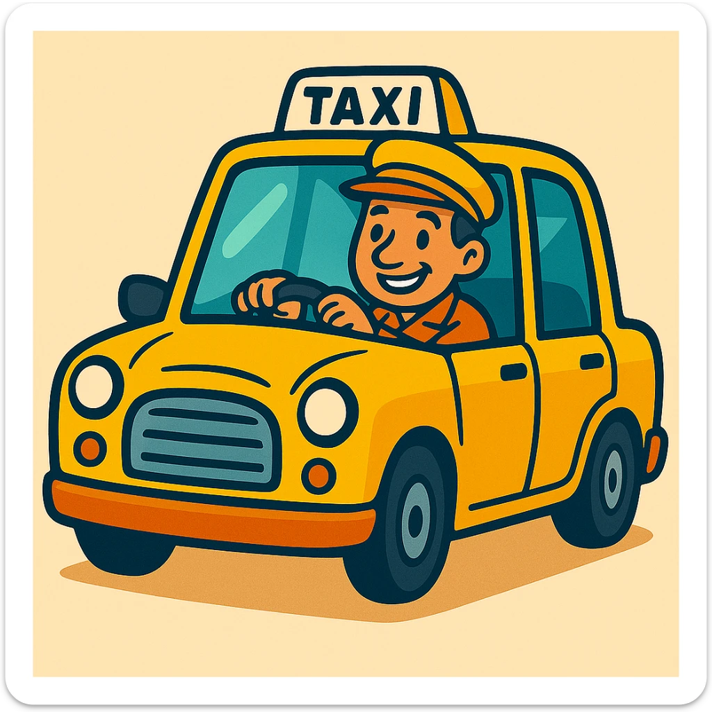 Cabbie in yellow taxi with a happy expression, vibrant cartoon style. sticker