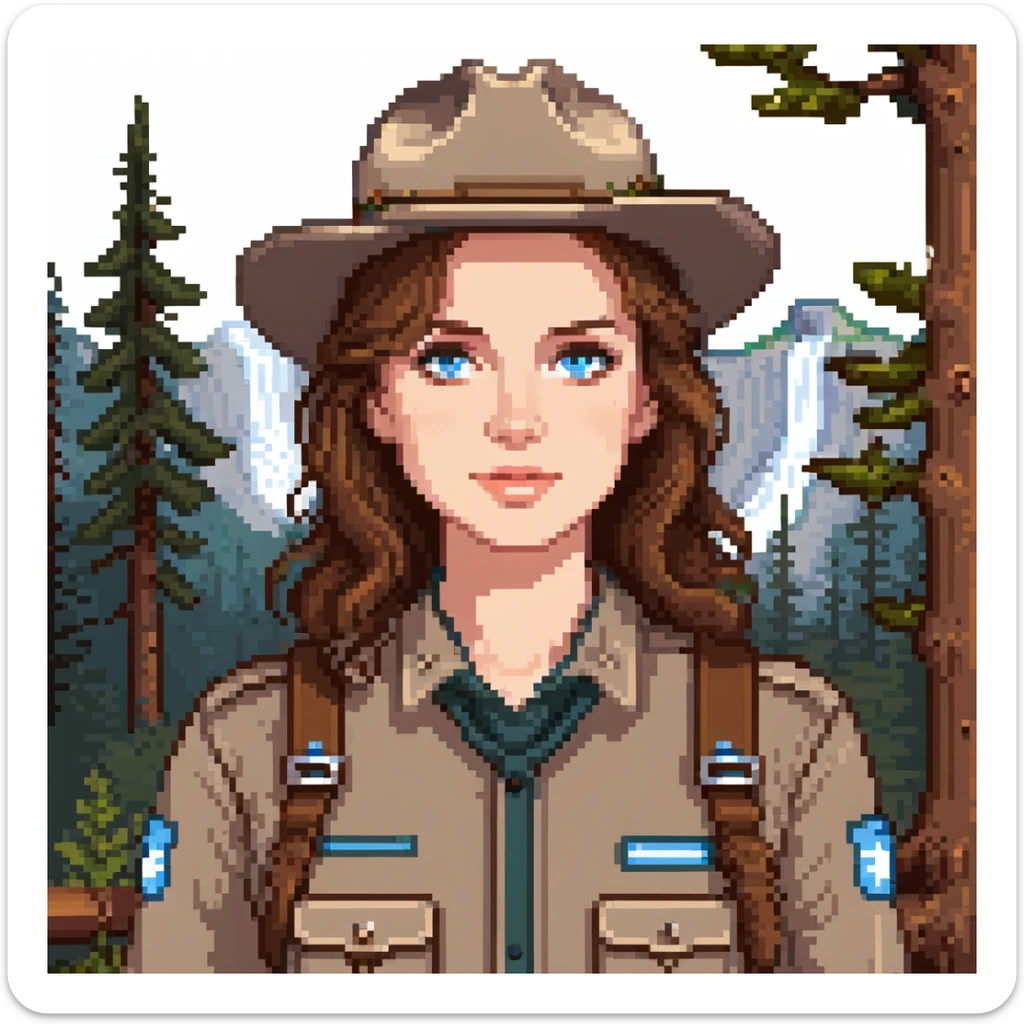 white woman park ranger with brown hair and blue eyes in a nature background sticker