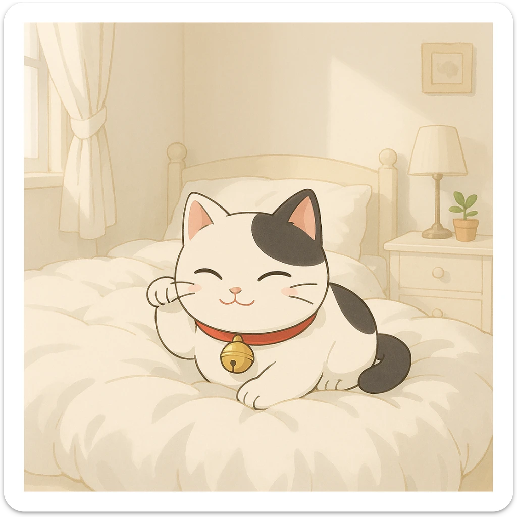 White and black Chinese lucky cat in a cozy on a soft puffy white duvet covered bed in bright white and clean girl aesthetic bedroom, kawaii  sticker