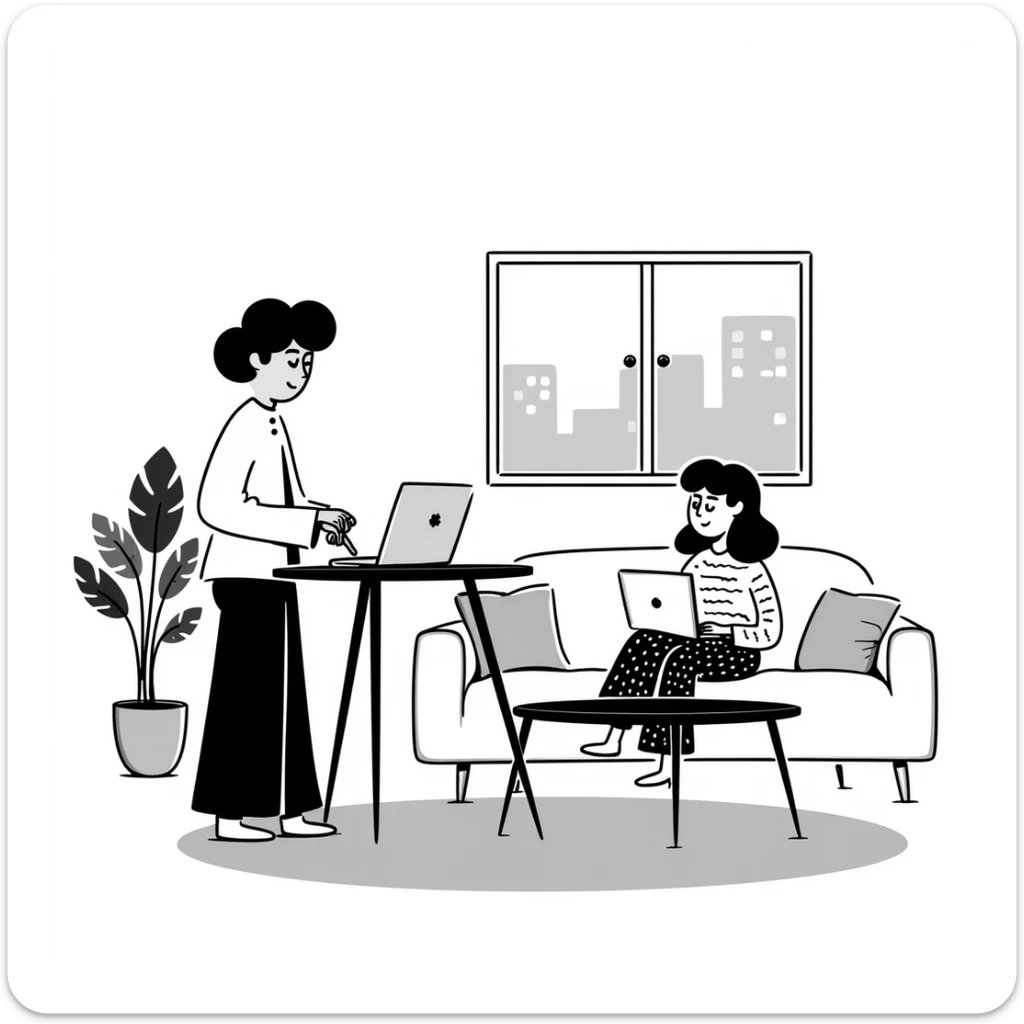 escenary 3d of a cozy mid-century living room with two people working on laptops, one man standing at a desk, and one woman sitting on a couch sticker