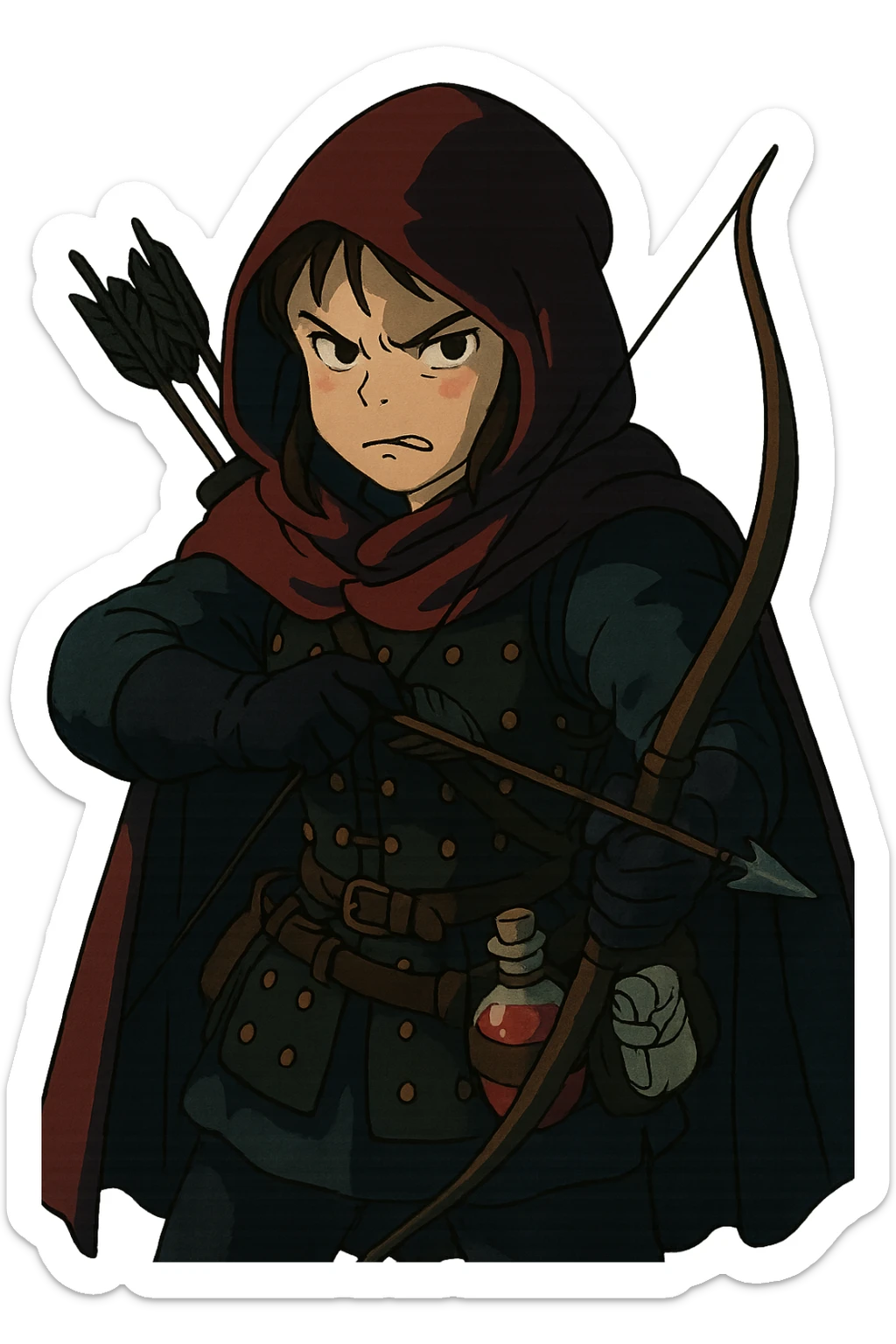 A female rouge , colored hood, wearing brigandine armor with, bow and arrow at the ready, night time shadows, tool belt with red potion and bandages, mischievous frown,  anger sticker
