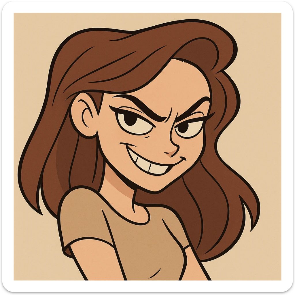 a beautiful girl with a sly, playful grin and intense eyes, bold cartoon style sticker