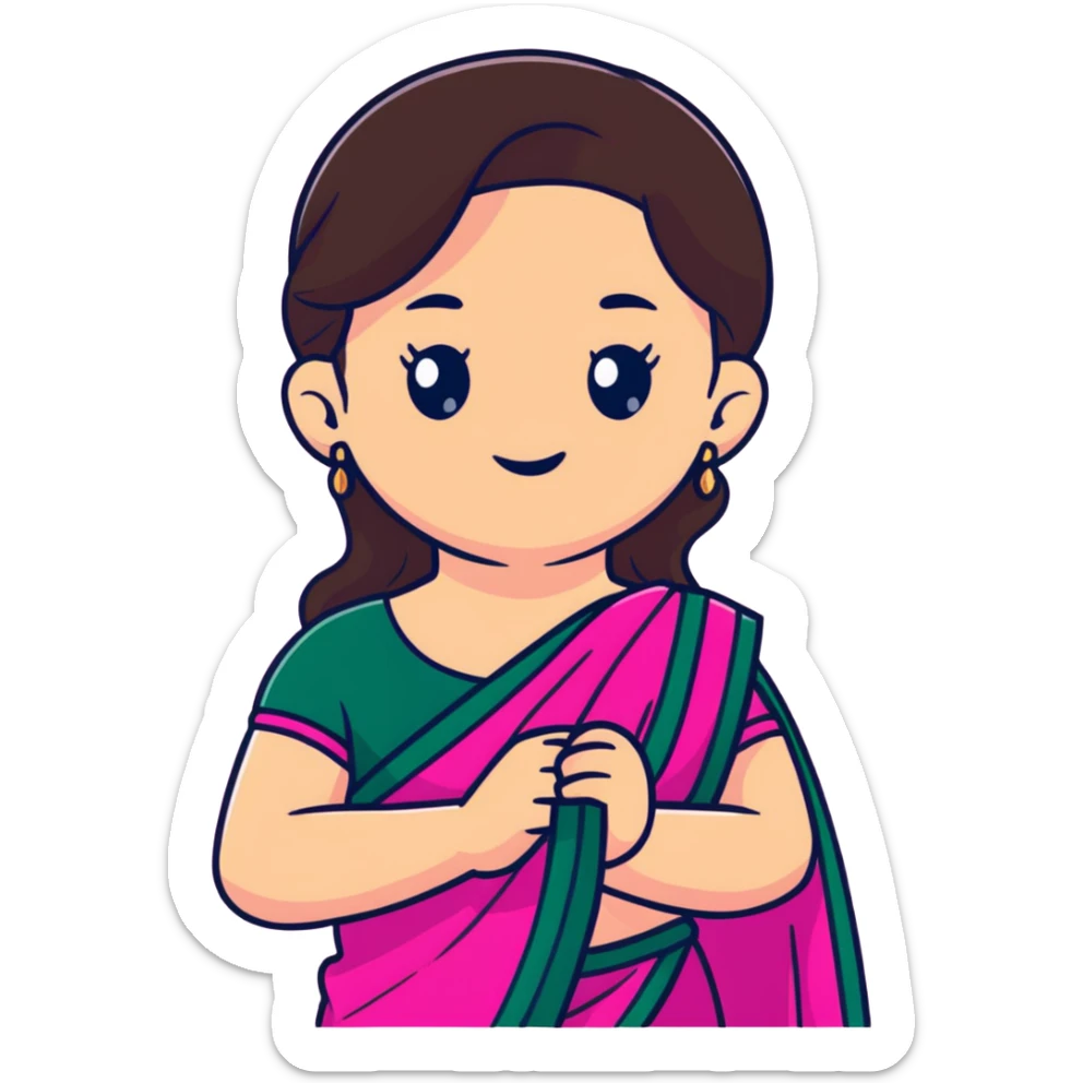 girl with light wheatish skin, dark brown hair, wearing dark pink saree sticker