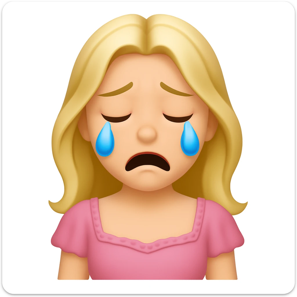 Create an iOS emoji style blonde woman with long hair and pale green eyes, crying expression, based on the appearance in the reference image. sticker