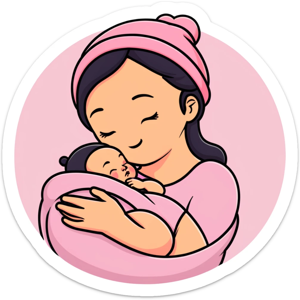 mother tenderly holding sleeping newborn baby wearing pink knit hat sticker