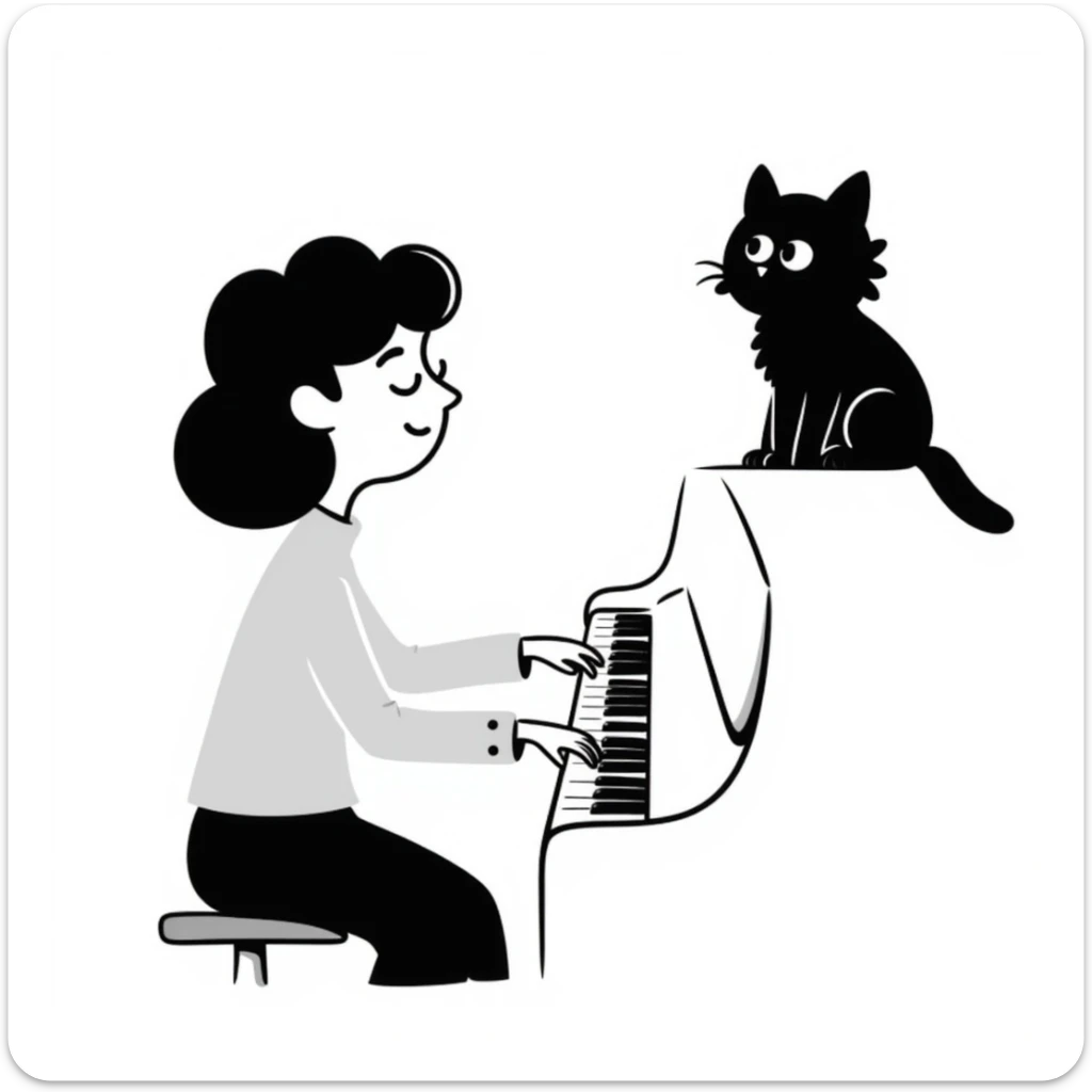woman playing piano while her cat sits on top of the piano sticker