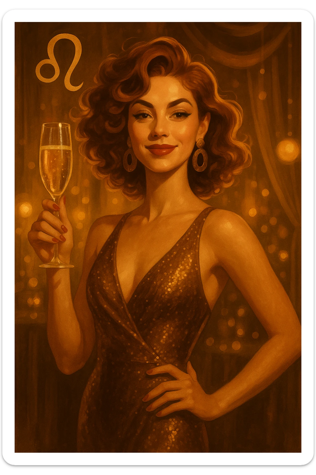 stylish leo woman in a party dress, raising a glass of champagne, confident and radiant expression sticker