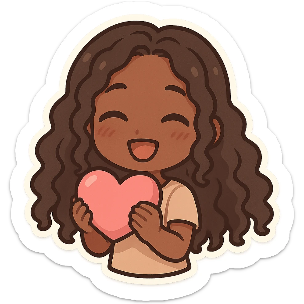 chibi anime black girl with long curly hair, smiling, holding a pink heart, pose 1 sticker