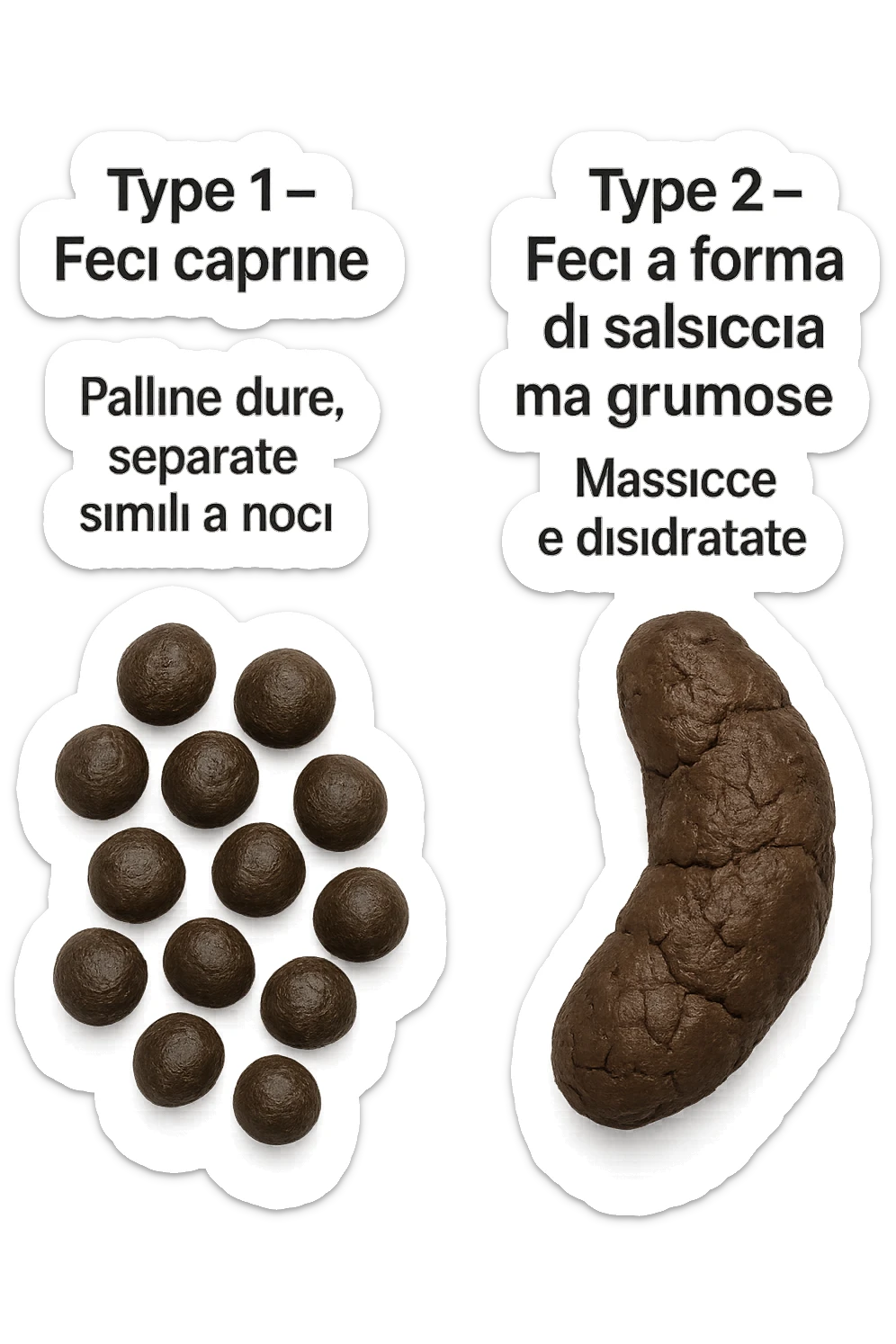 immagine di due tipi di feci iperrealistiche viste dall'alto con descrizione:
Tipo 1 – Feci caprine
Palline dure, separate, simili a noci

Tipo 2 – Feci a forma di salsiccia ma grumose
Massicce e disidratate.
 sticker