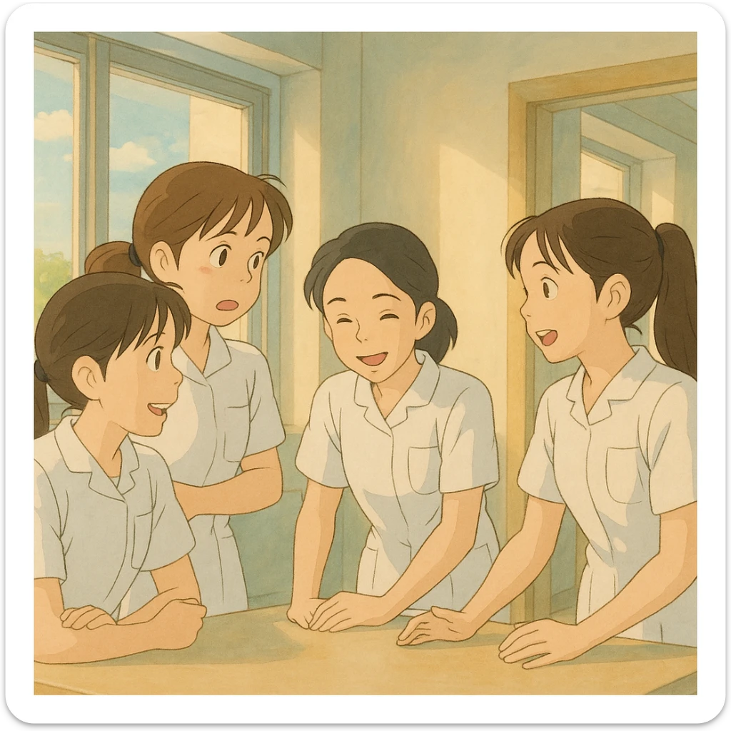 Scène Ghibli de quatre étudiants infirmiers (inspirés des photos), en interaction, portant des tuniques médicales blanches à manches courtes, col en V, poche poitrine à gauche, sans stéthoscopes ni pied de col, avant-bras nus, cheveux longs attachés. Décor intérieur lumineux, ambiance collaborative. sticker