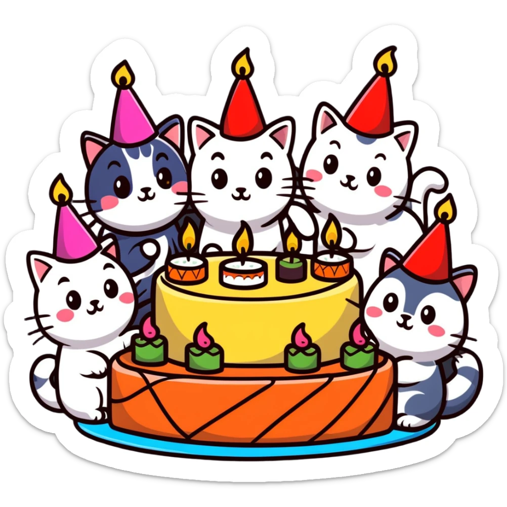six happy cats wearing colorful party hats celebrating a birthday party around a festive cake made entirely of sushi with candles sticker