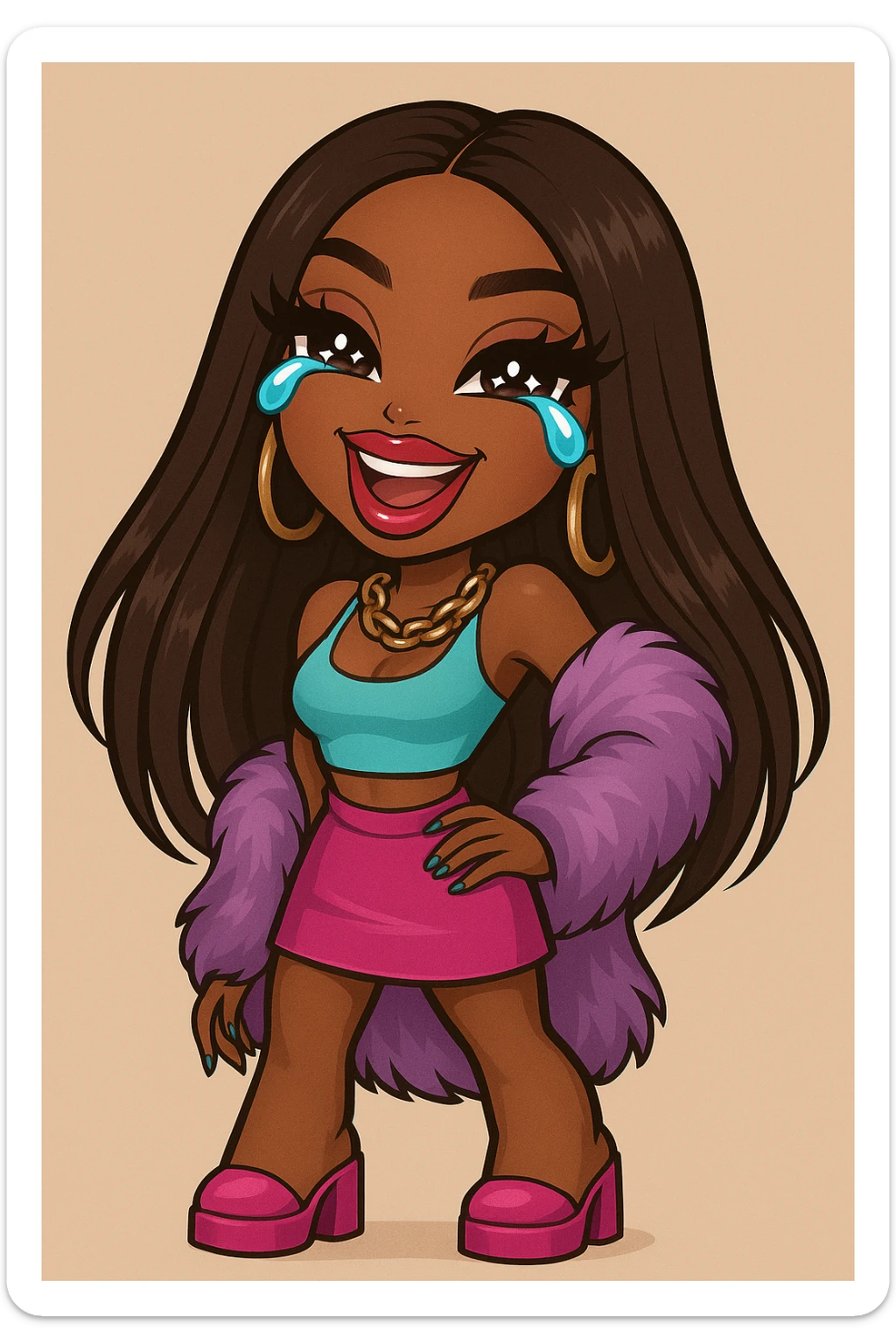 Make the character look like a 20-year-old woman in anime Bratz style with dark skin, dark hair, crying laughing expression, big expressive eyes, and glossy lips. sticker