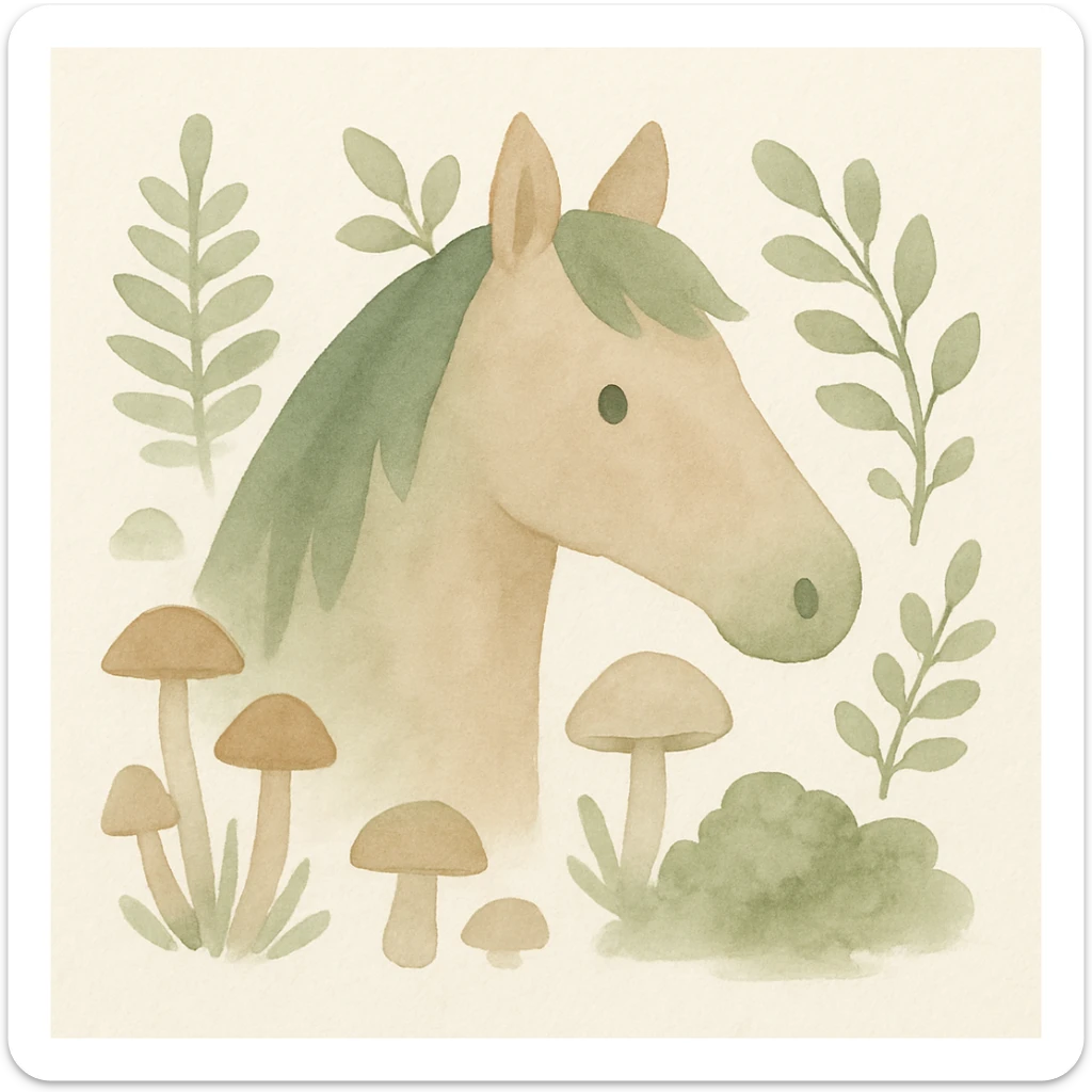 Add more forest details around the cute horse head, such as ferns, moss, mushrooms, and leafy branches, in watercolor style with soft brush strokes, green and brown tones, and a whimsical look. sticker
