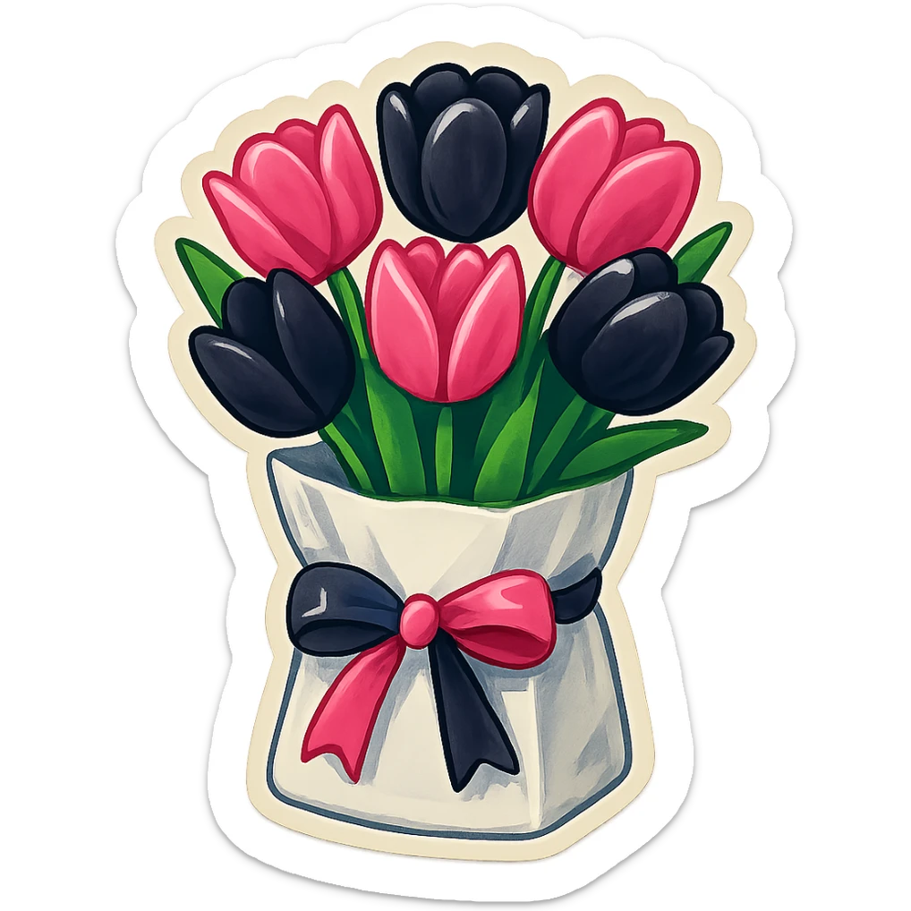 a white paper bag filled with black and pink tulips, tied with a blackpink ribbon, retro stickers style, vibrant, outlined, and fun sticker look sticker
