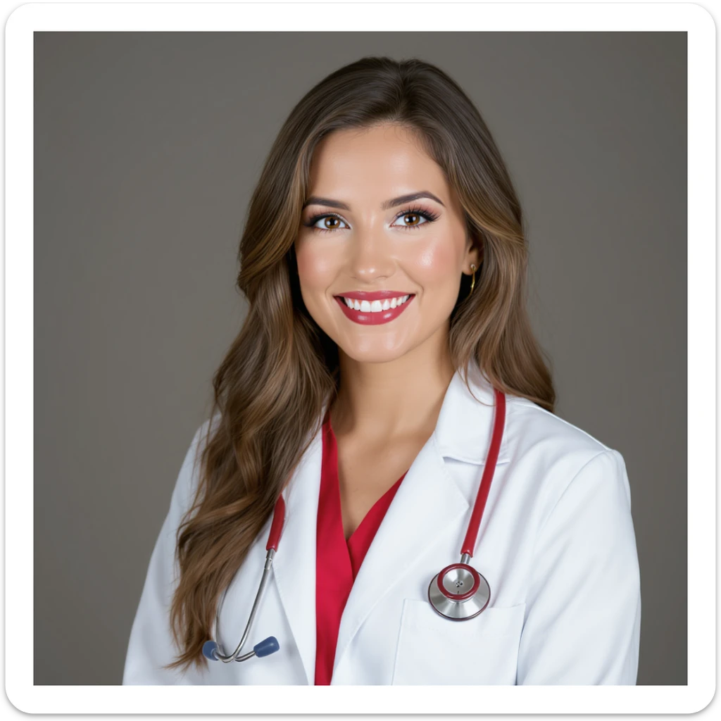 white-skinned female doctor with long wavy brown hair, wearing a white coat, red shirt underneath, red stethoscope around neck, professional illustration style sticker