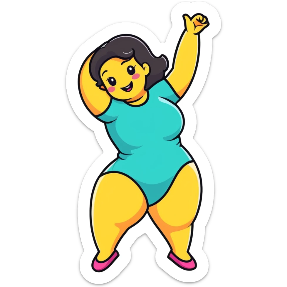 cartoon sticker of a confident, curvy woman with a playful pose, vibrant colors, cheerful expression sticker