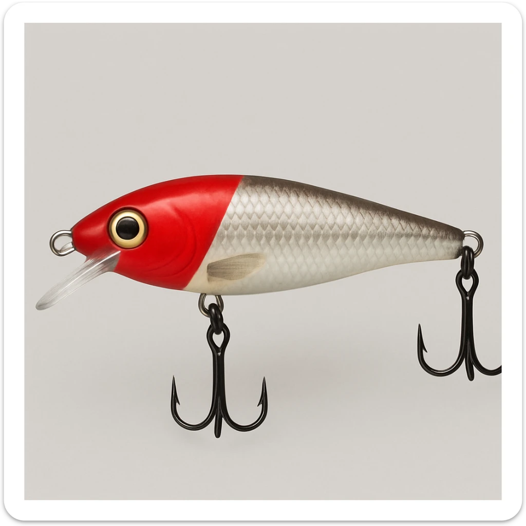 Edit the image of a Rapala fishing lure in side view to have the redhead colorway, featuring red head and natural fish body colors. sticker