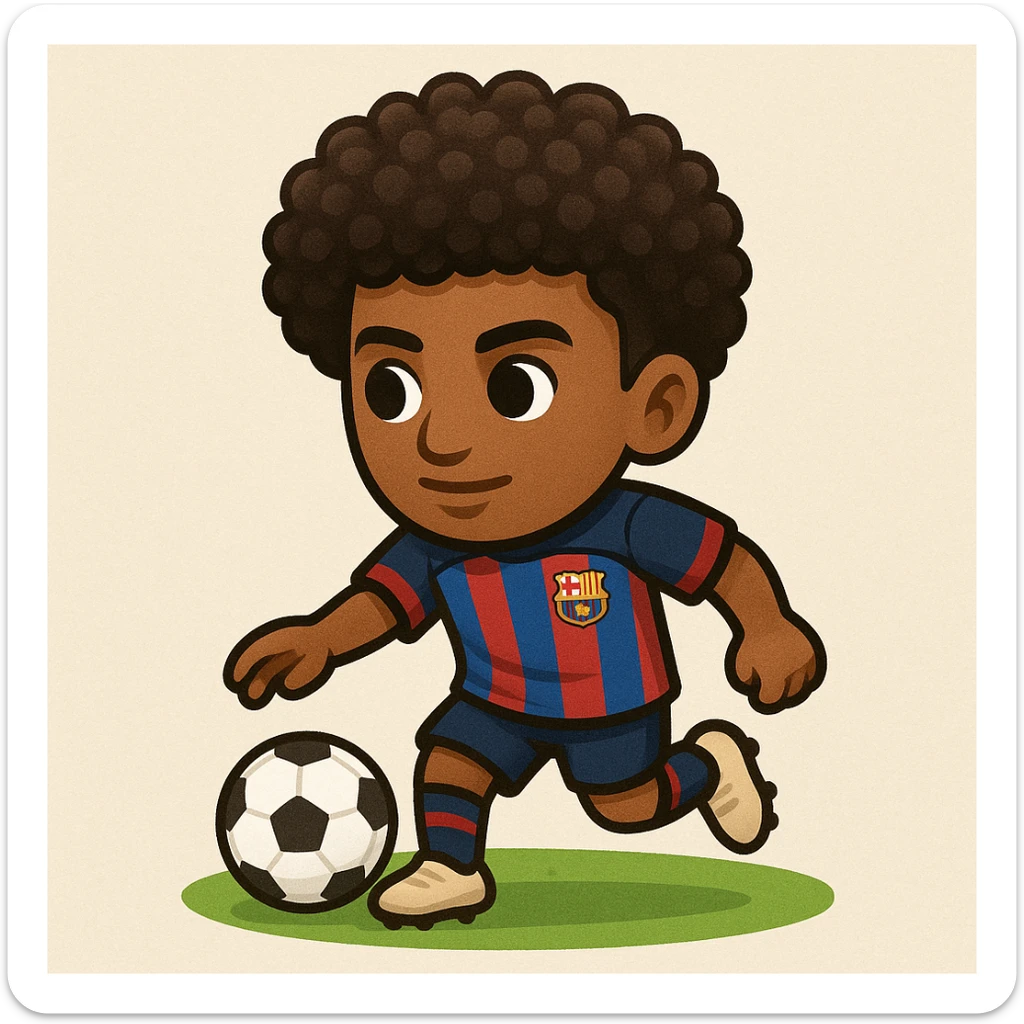 Add afro hair to Raphinha, Barcelona football player, dribbling a football, wearing Barcelona kit. The style should resemble emoji style. sticker