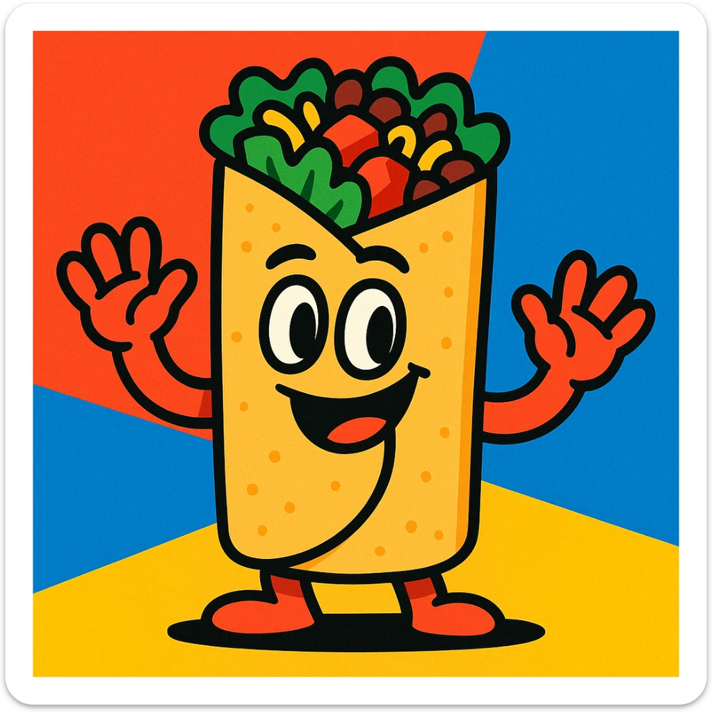 burrito with hands, cartoon style, vibrant colors sticker
