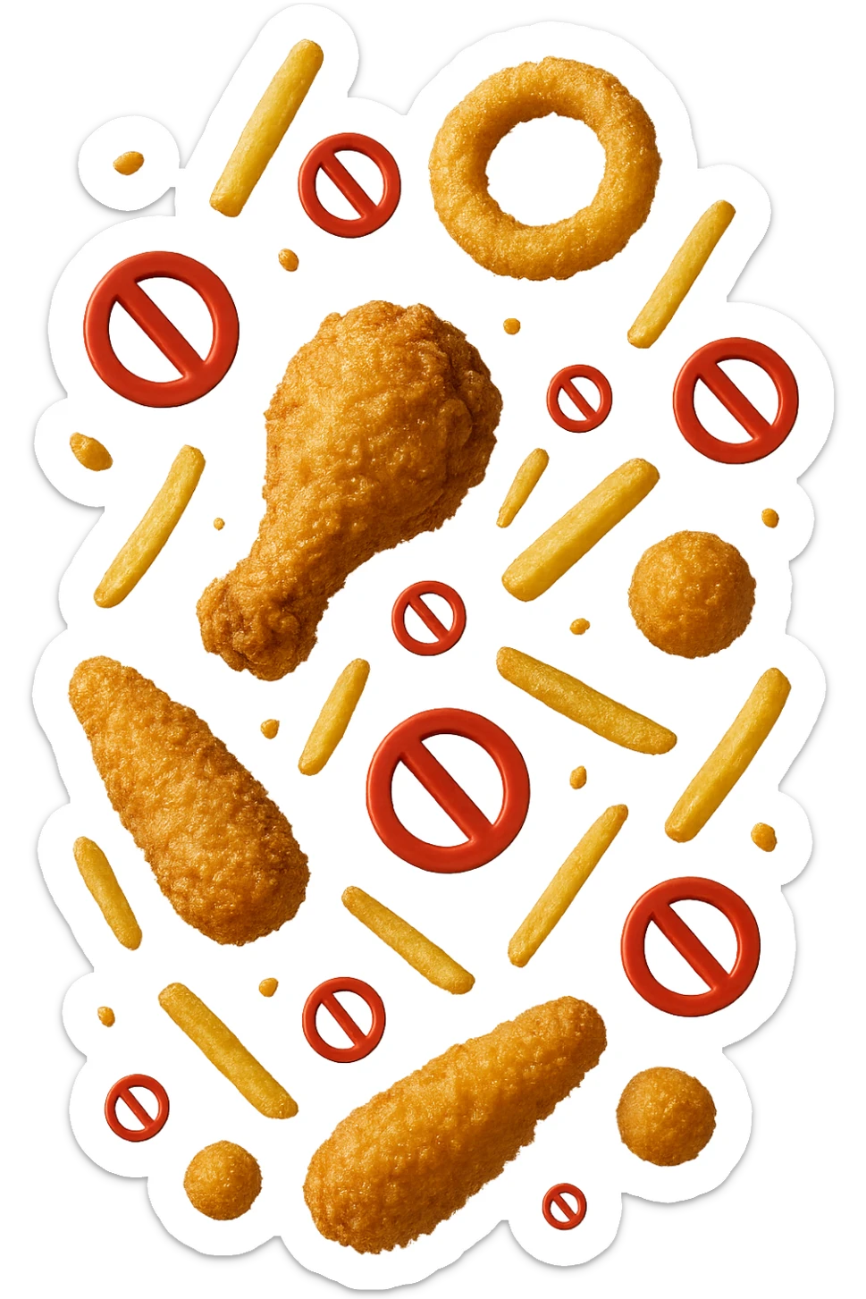 cibi fritti cadono verticalmente dall'alto con piccoli divieti in 3d, iperrealistico 4k sticker