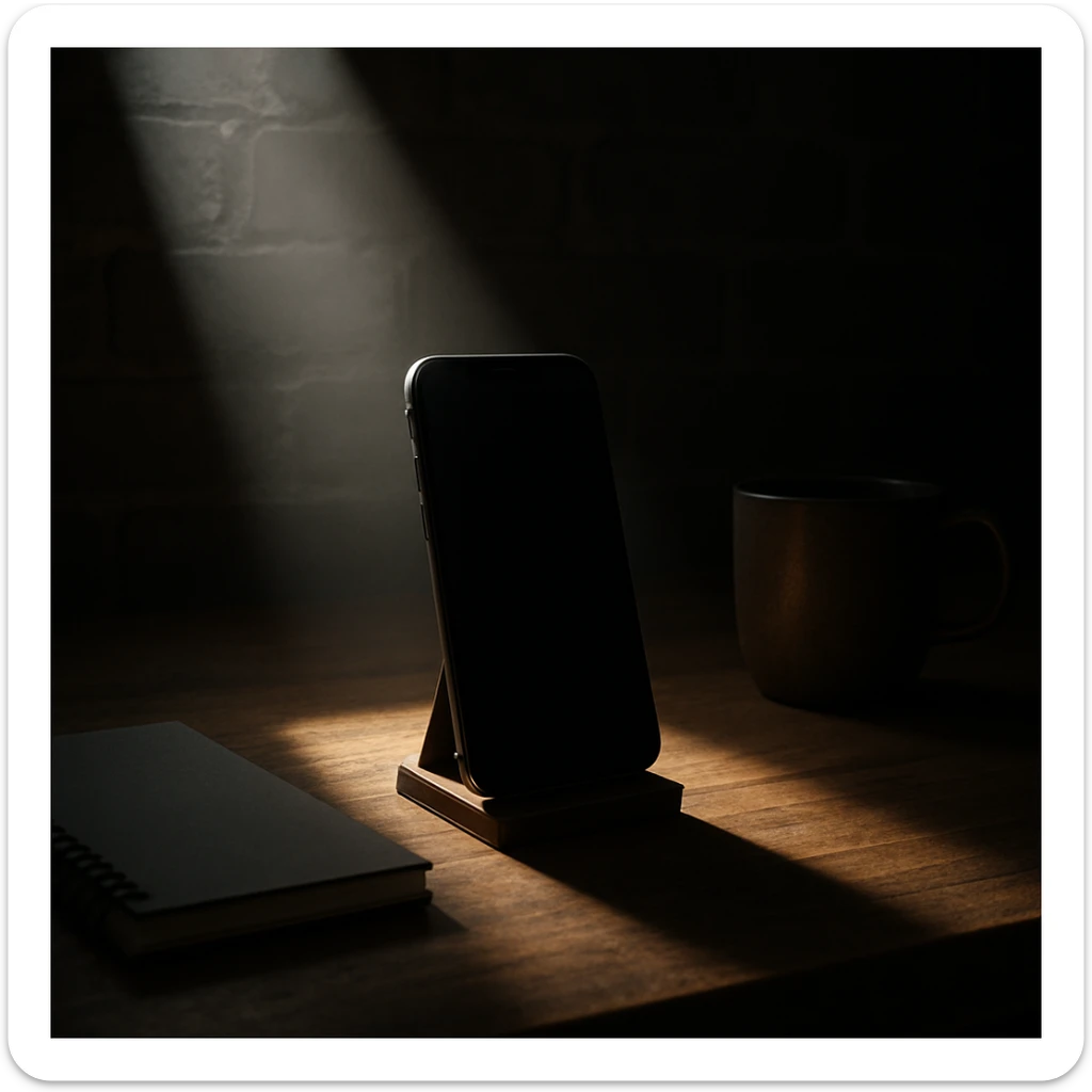 dark room in loft style, iphone lies on a wooden table on a stand, next to it lies a notebook and a cup, a beam of light shines directly on it and on the table sticker