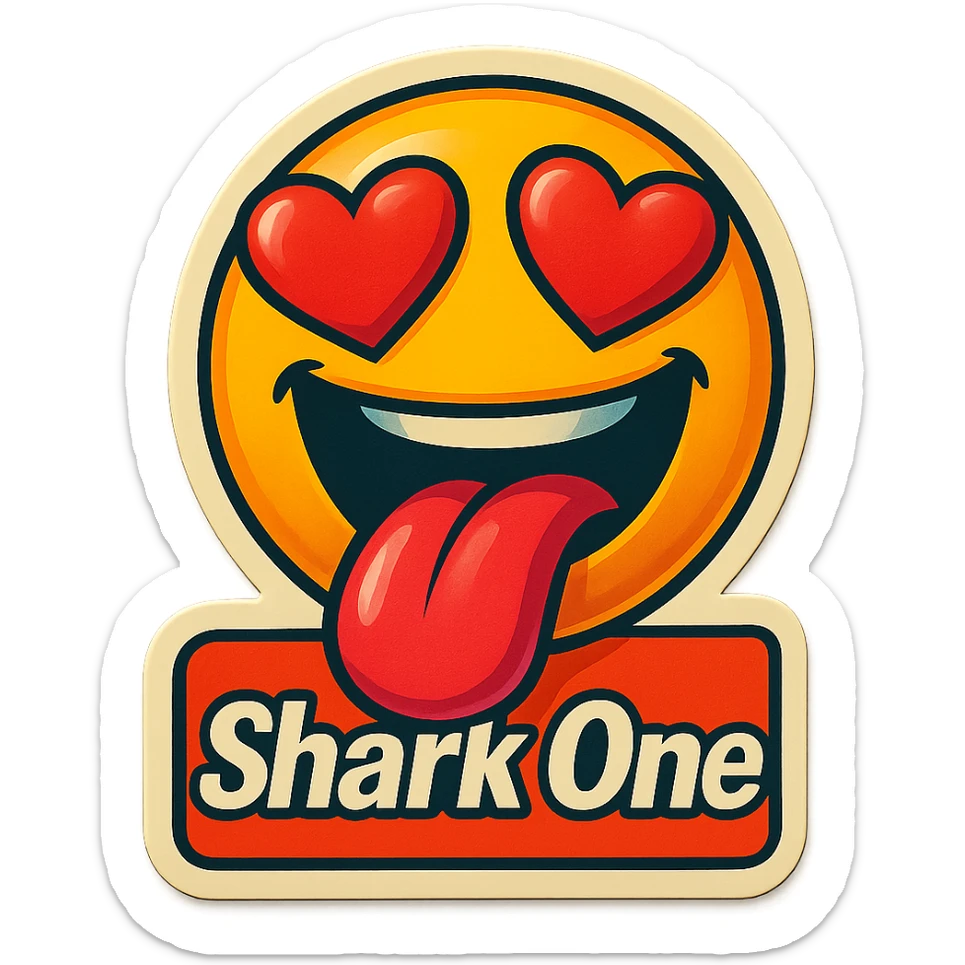 mouth open with tongue out heart shaped eye add the words “ Shark One " in White sticker