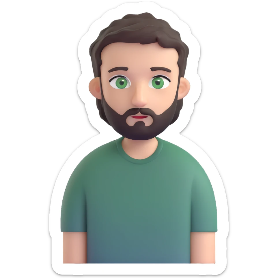 man with dark messy short hair, dark green eyes, gray T-shirt, and short beard sticker