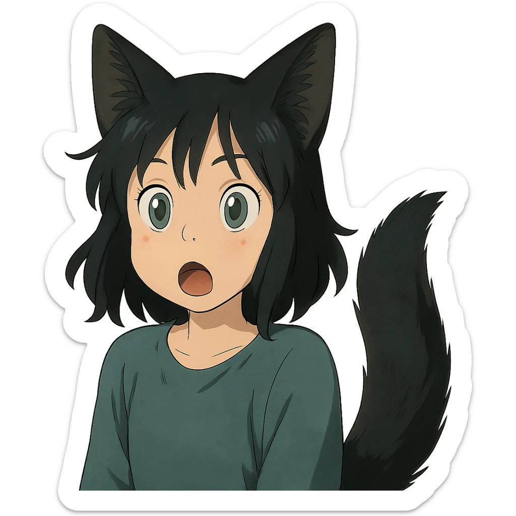 a surprised girl with huge green eyes, black fox ears, and a tail, dark hair sticker