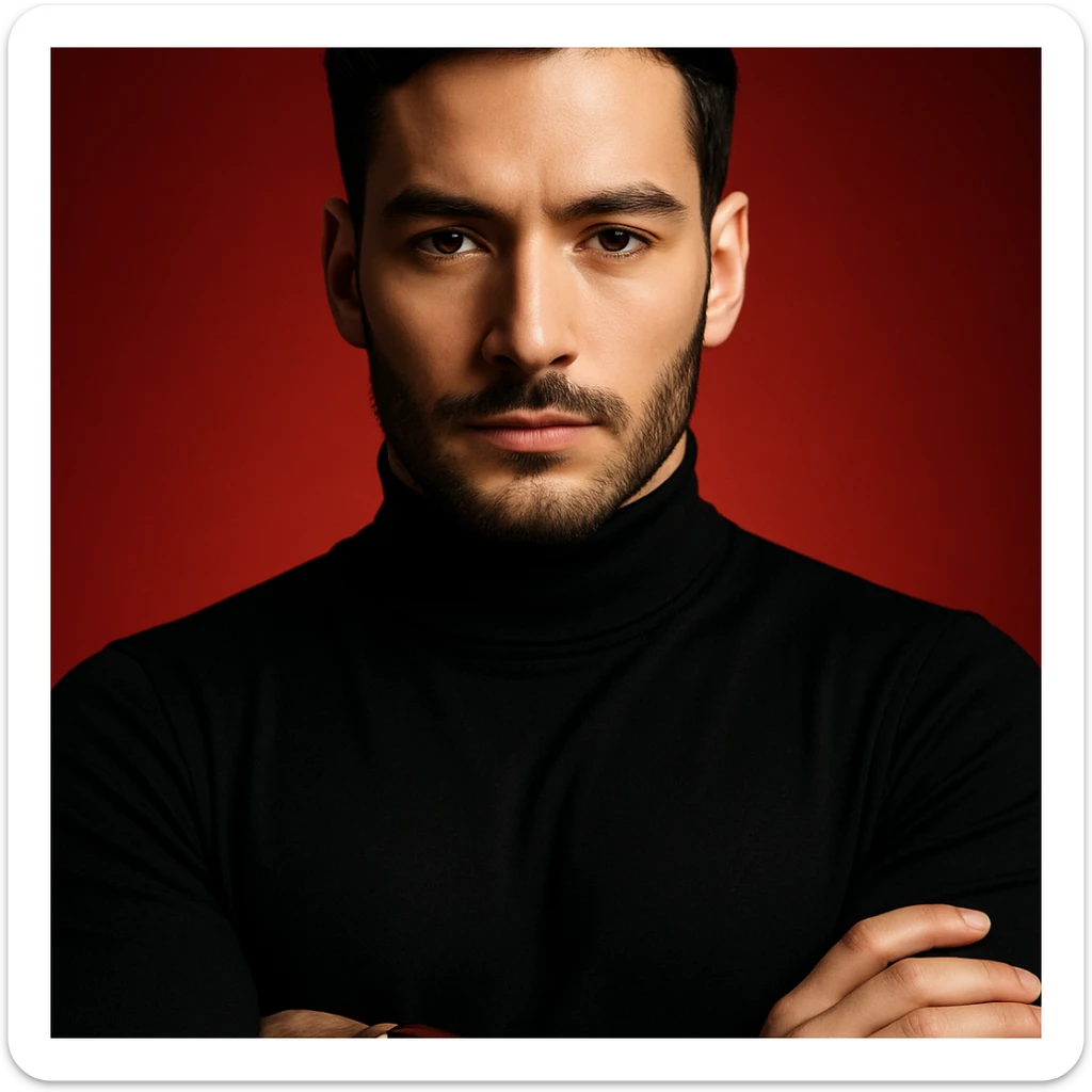 Create an ultra-realistic, high-detail editorial portrait of the person in the reference image. Focus on sharp features, flawless fair skin, sleek black hair, and a black turtleneck. The background is a bold red gradient. The person has arms crossed and wears a stylish wristwatch with a blue dial and brown strap. Use dramatic cinematic lighting to evoke a luxury fashion magazine style. The composition is symmetrical and minimal, rendered in 4K. sticker