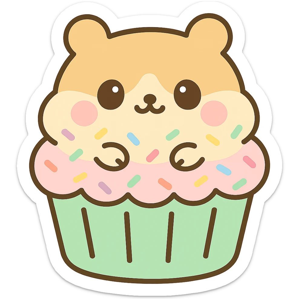 Add pastel sprinkles to the cream topping of the kawaii hamster cupcake, keeping the flat pastel style, chubby face, and transparent background. sticker
