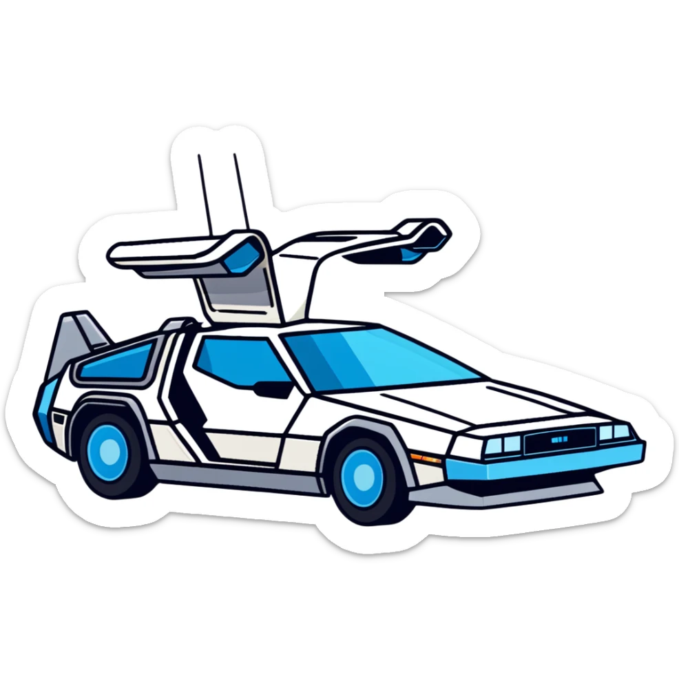 Top-down view of retro-futuristic hover car inspired by the DeLorean, open gullwing doors, silver metallic body with blue-tinted windows, stylized jet boosters in the back, flat vector style, outlined shapes, minimal design sticker