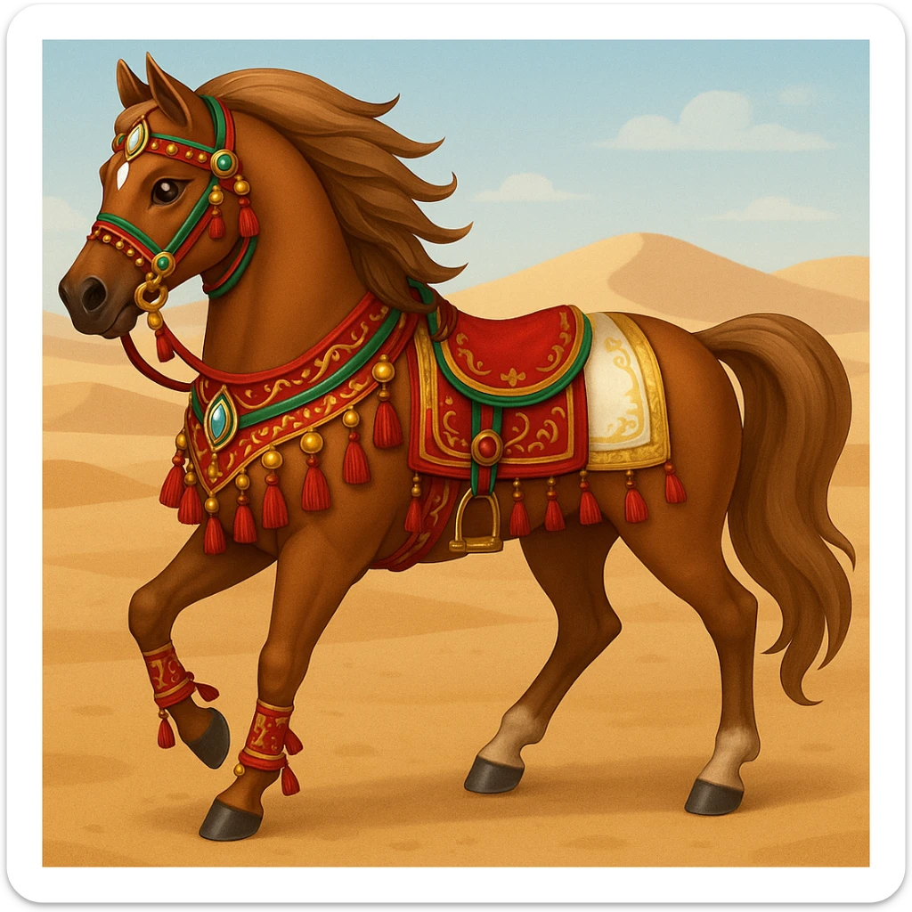 Add traditional Arabian tack and ornate decorations to the Saudi Arabian horse in emoji style, keeping the desert background as is. sticker