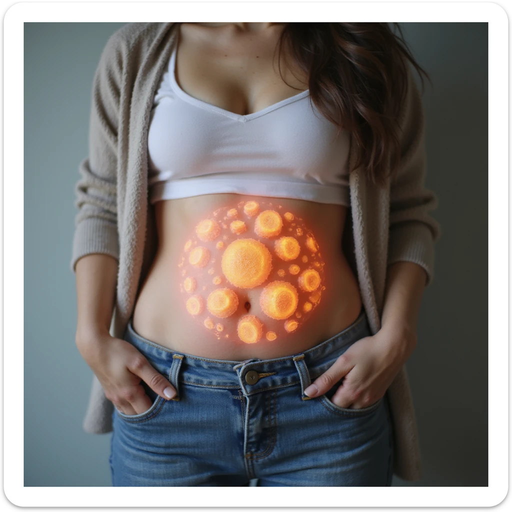 woman with PCOS in casual clothing with artistic transparency of healthy oocytes overlapping her abdomen, bright and reassuring colors, realistic photography sticker